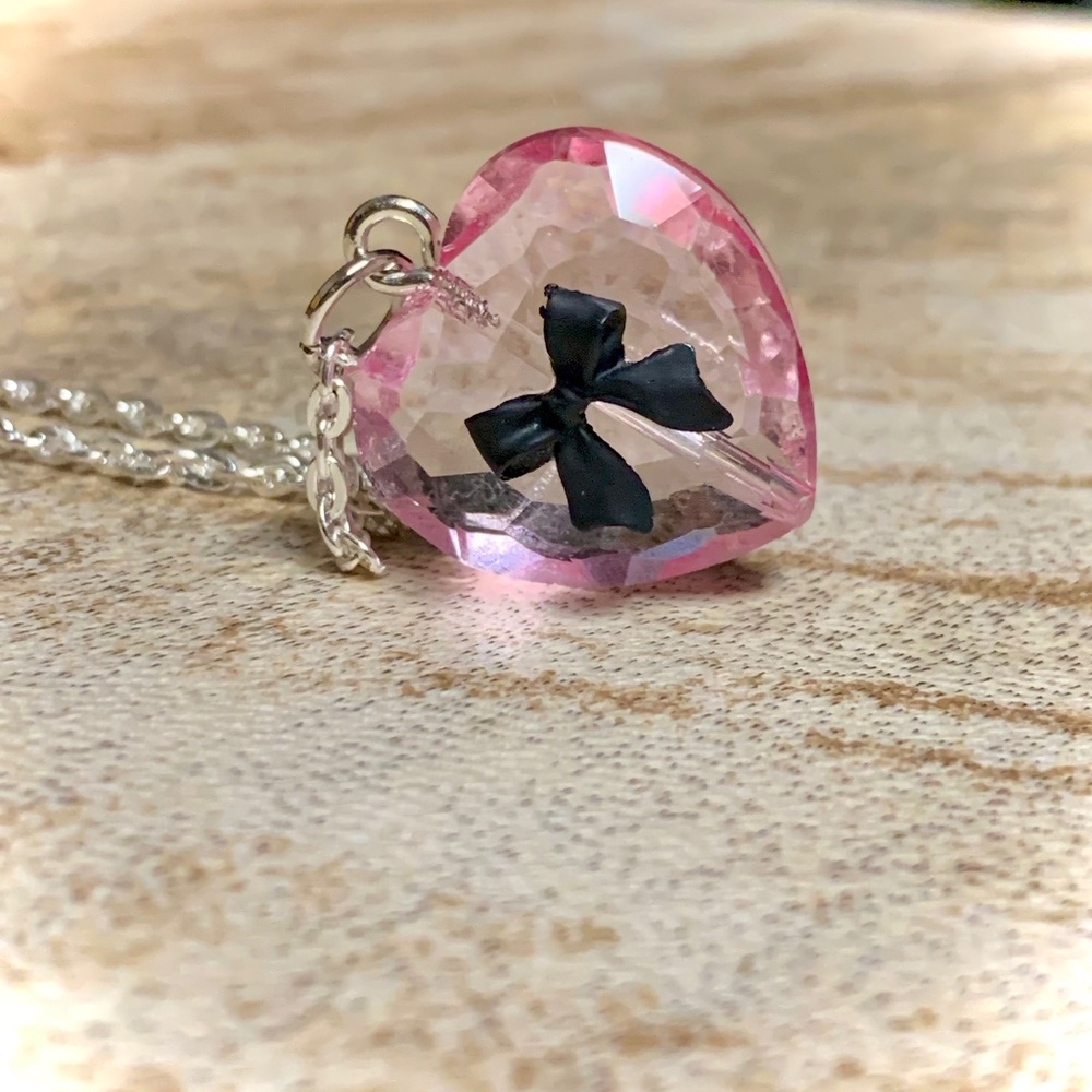 Faceted Crystal Glass Pink Heart Pendant Necklace